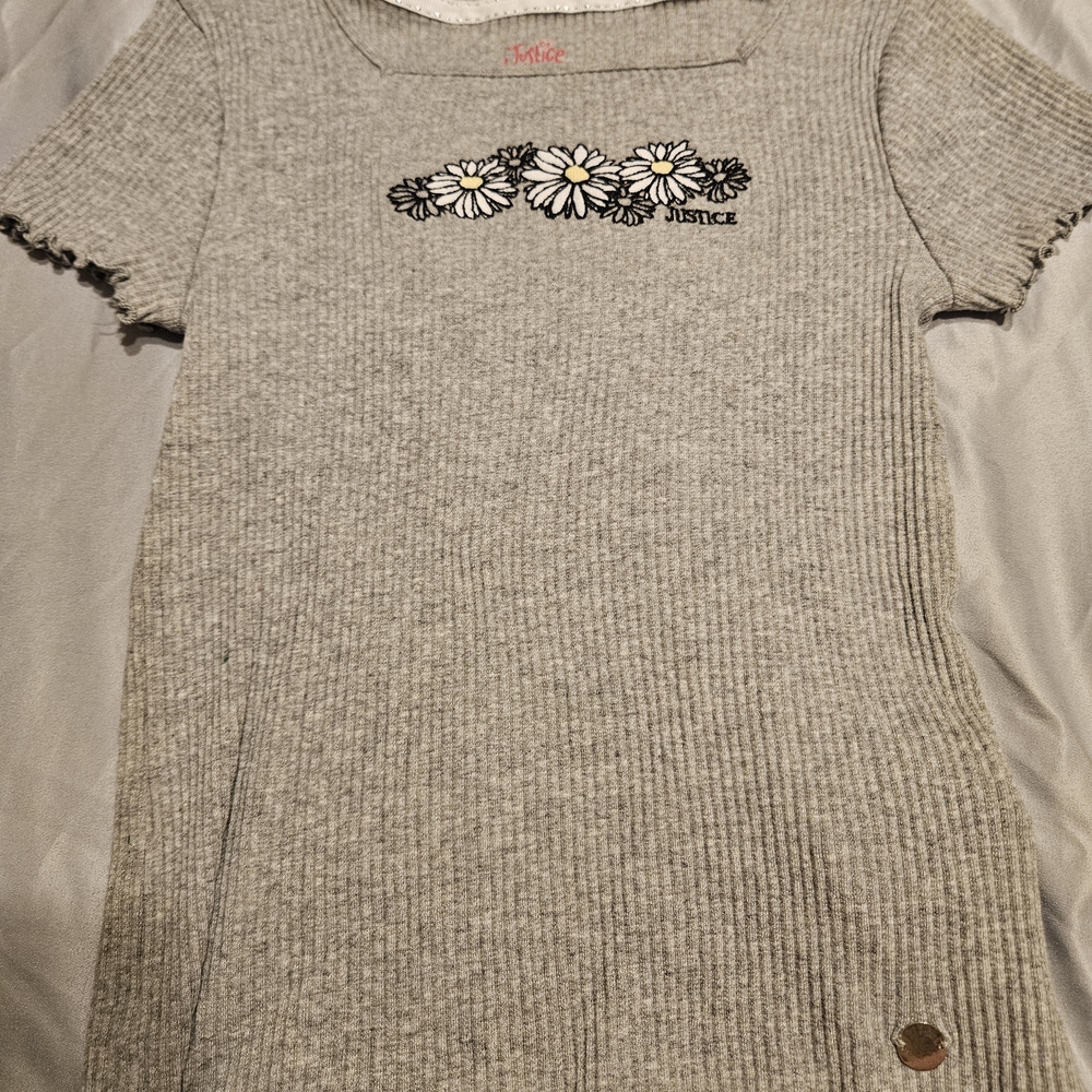 Justice Gray Ribbed Dress with Daisy Embroidery